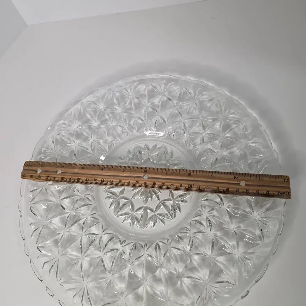 Vintage Clear Pressed Glass Round Serving Platter Starburst Floral 12 Inch